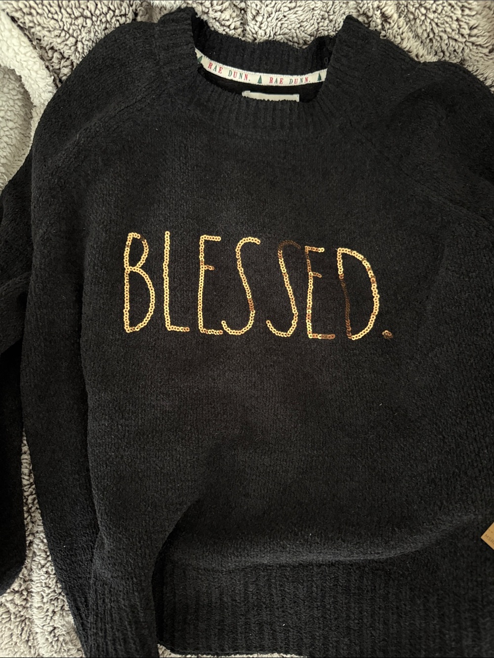 Rae Dunn Black Crewneck Sweater with Gold Sequin 'BLESSED'